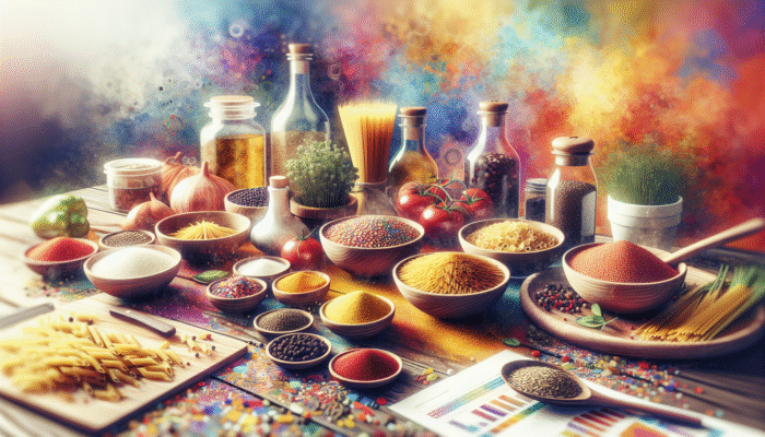A vibrant kitchen showcasing colourful grains and pasta accompanied by a medley of spices and herbs, ready for innovative cooking.