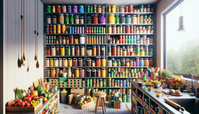An array of colourful pantry ingredients on shelves, ready for quick and easy meal preparation.