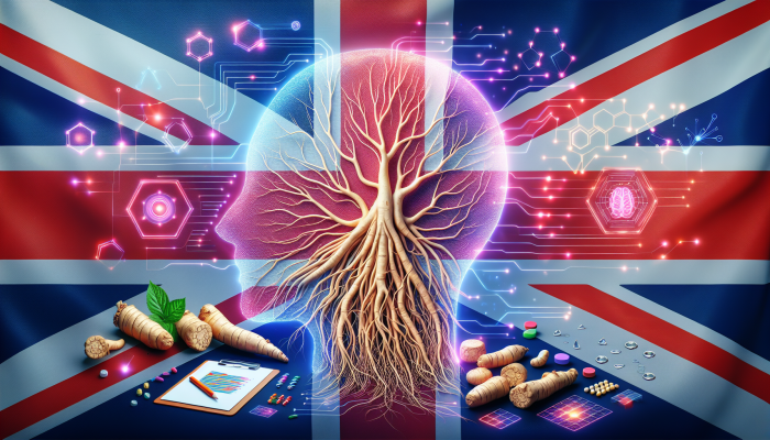 Ginseng roots intertwined with neural pathways, glowing against the UK flag, symbolising cognitive enhancement.